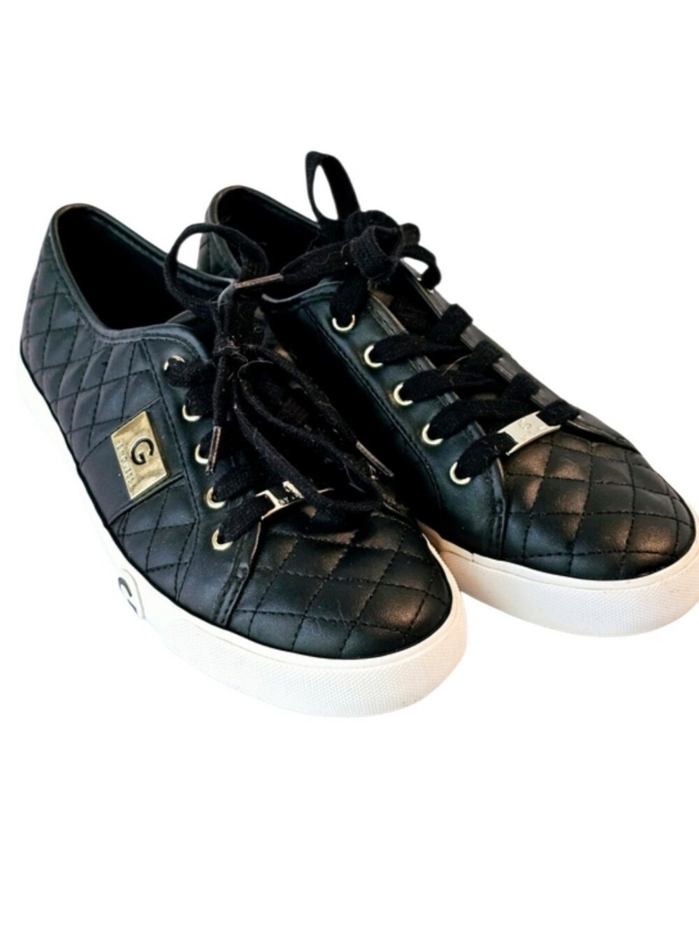 G by Guess Black Quilted Sneakers Metallic Gold Accents - Women's Size 8.5
